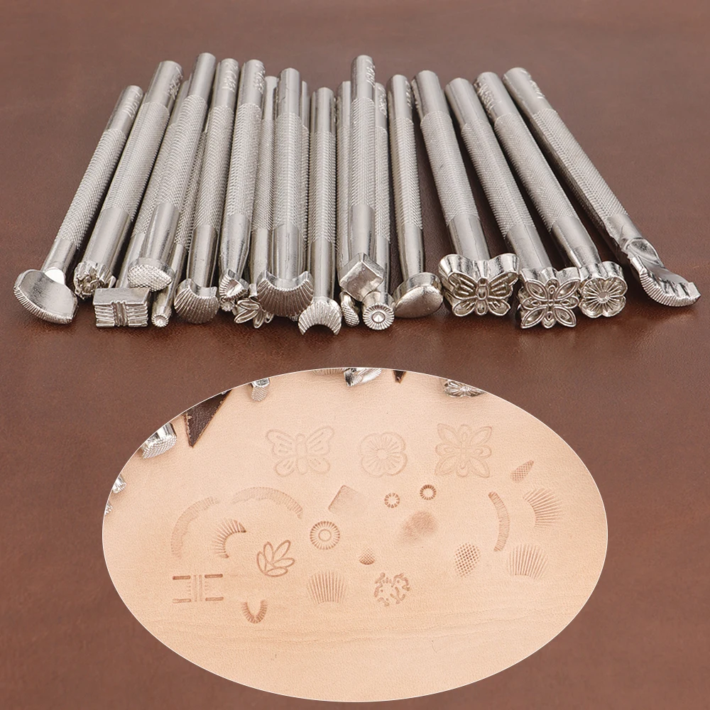 20Pcs Leather Different Shape Stamp Punch Saddle Making Tools Leather Carving Engraving Printing Tools DIY Hand Cowhide Staming