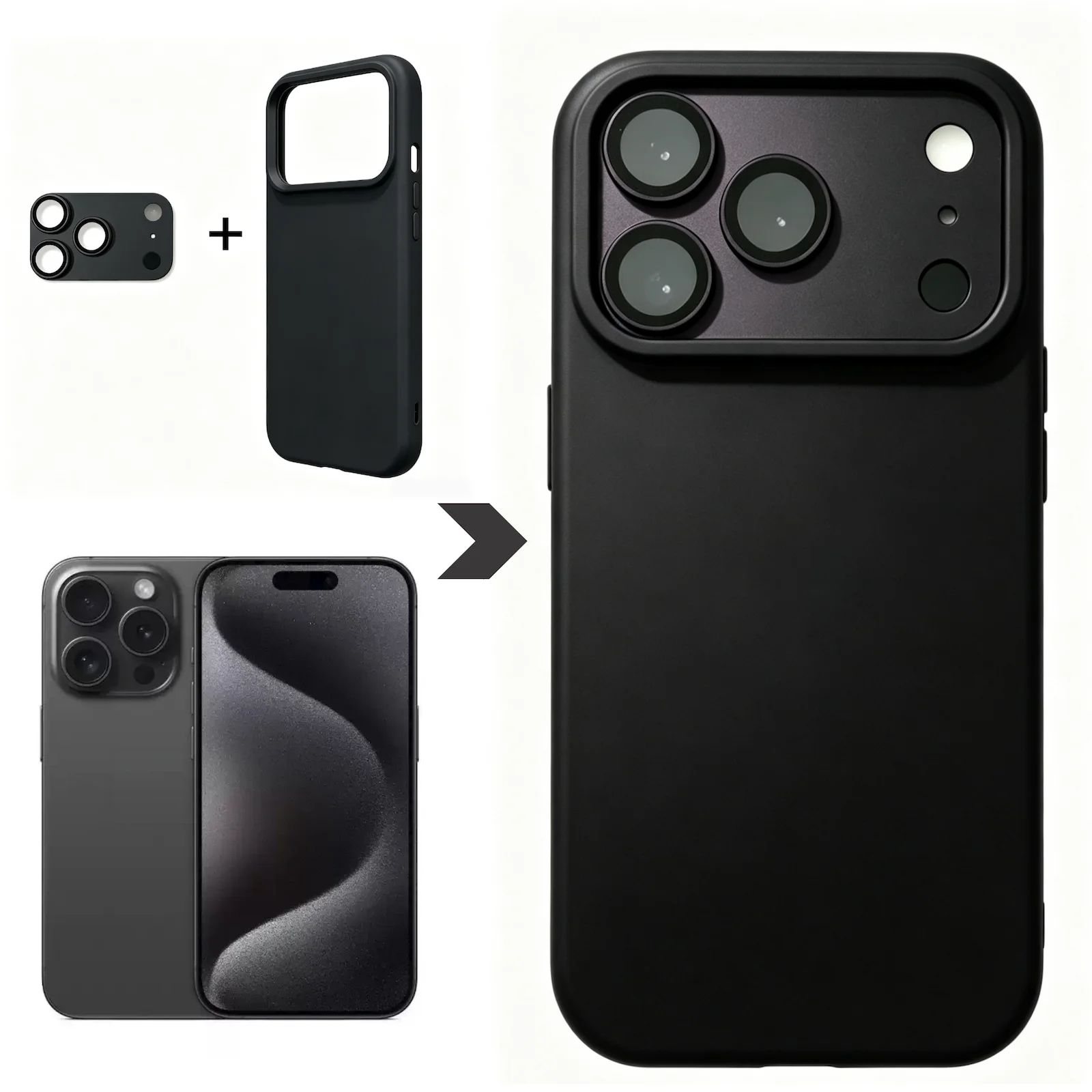 2-in-1 für iPhone 13 14 15 16 Pro Max, Umbau zu 18 17 Pro Max mit Kameraschutz, Silikon-Handyhülle, Metall-Objektivfolie