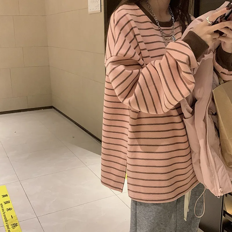 Herbst- und Winter-Damen-Sweatshirt im koreanischen Stil, lässig, Rundhalsausschnitt, lange Ärmel, Farbblock-Streifenmuster, Oversize, locker geschnitten, Damenoberteile. – Detail 9