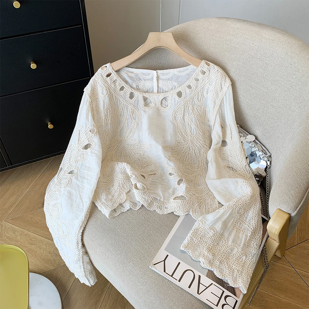 

Women's White Embroidery Shirts and Blouses Y2k Aesthetic Vintage Elegant 2000s Long Sleeve O-Neck Hollow Shirt Clothes Autumn
