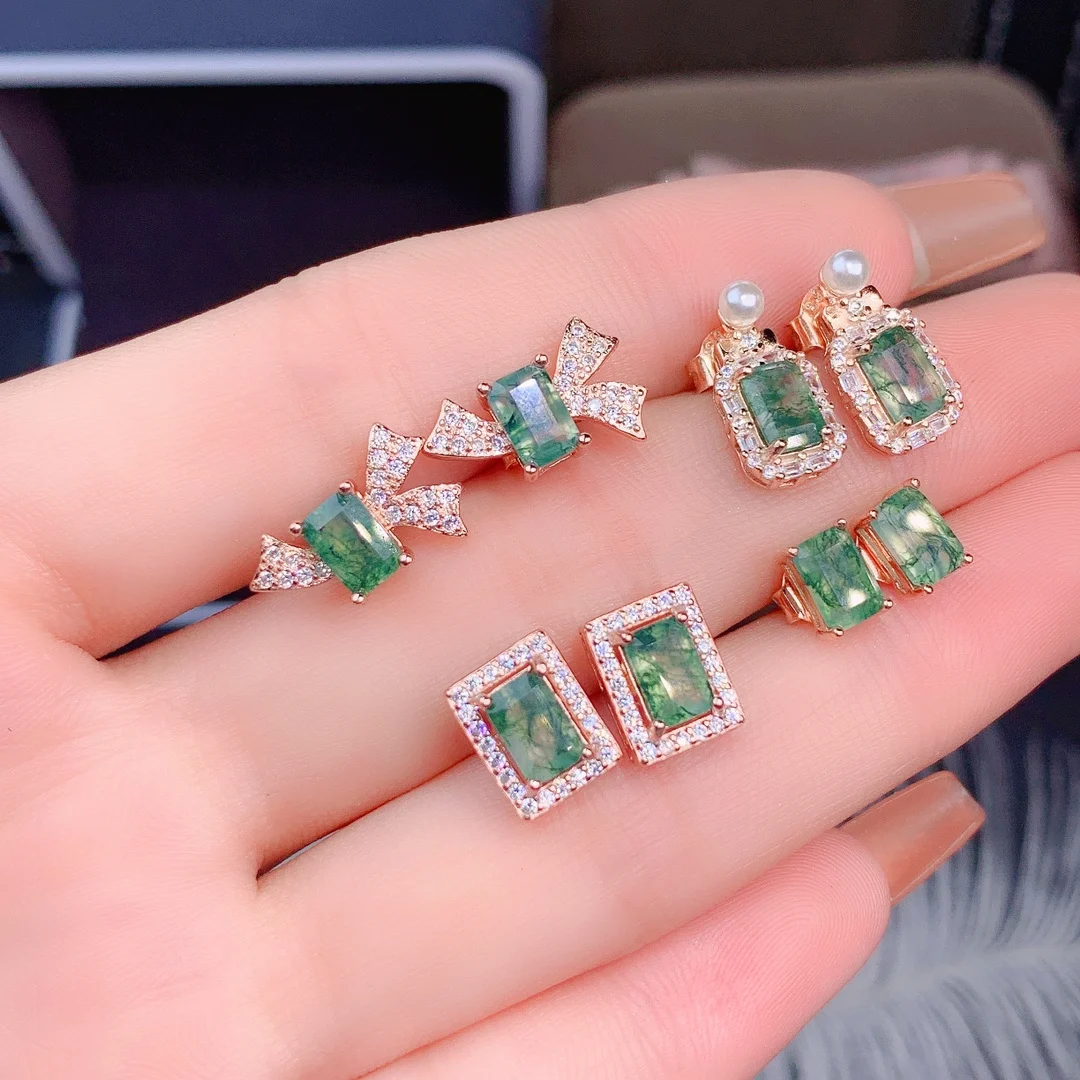 

Emerald Cut 4x6mm Natural Moss Agate Earrings 925 Sterling Silver Engagement Stud Earrings For Women Gift
