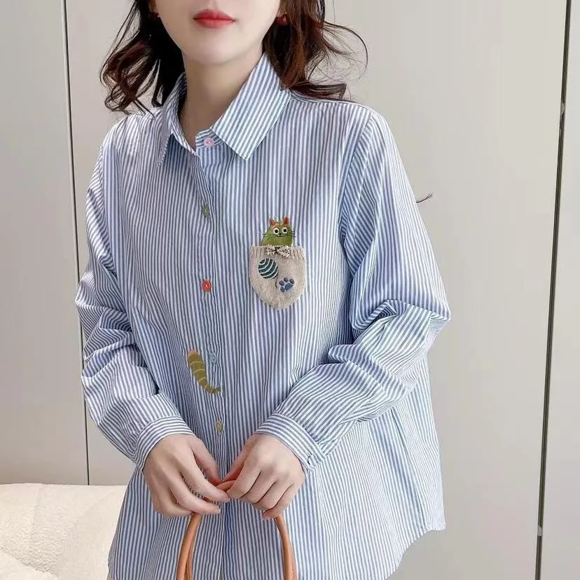 

Japan Style Sweet Mori Girl Cats Embroidery Striped Cotton Shirts Women Spring Autumn Long Sleeve Casual Loose Basic Blouse Top