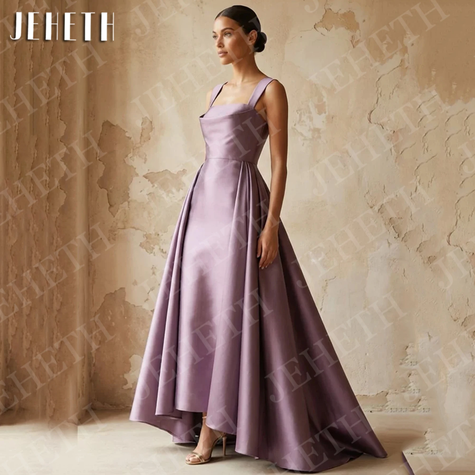 JEHETH Square Neck Evening Dress Woman Dusty Purple Satin A Line High Low Red Carpet Party Dresses Customized Vestidos De Fiesta