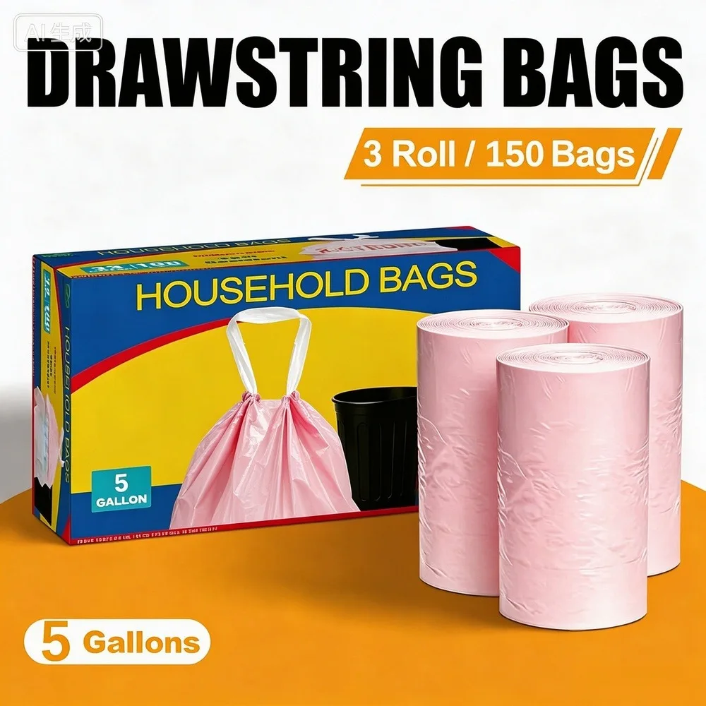 150PCS 5 Gallon Drawstring Trash Bags Medium Heavy-Duty Leak-Proof Tear-Resistant Kitchen Bathroom Home Office Garbage Bag Liners