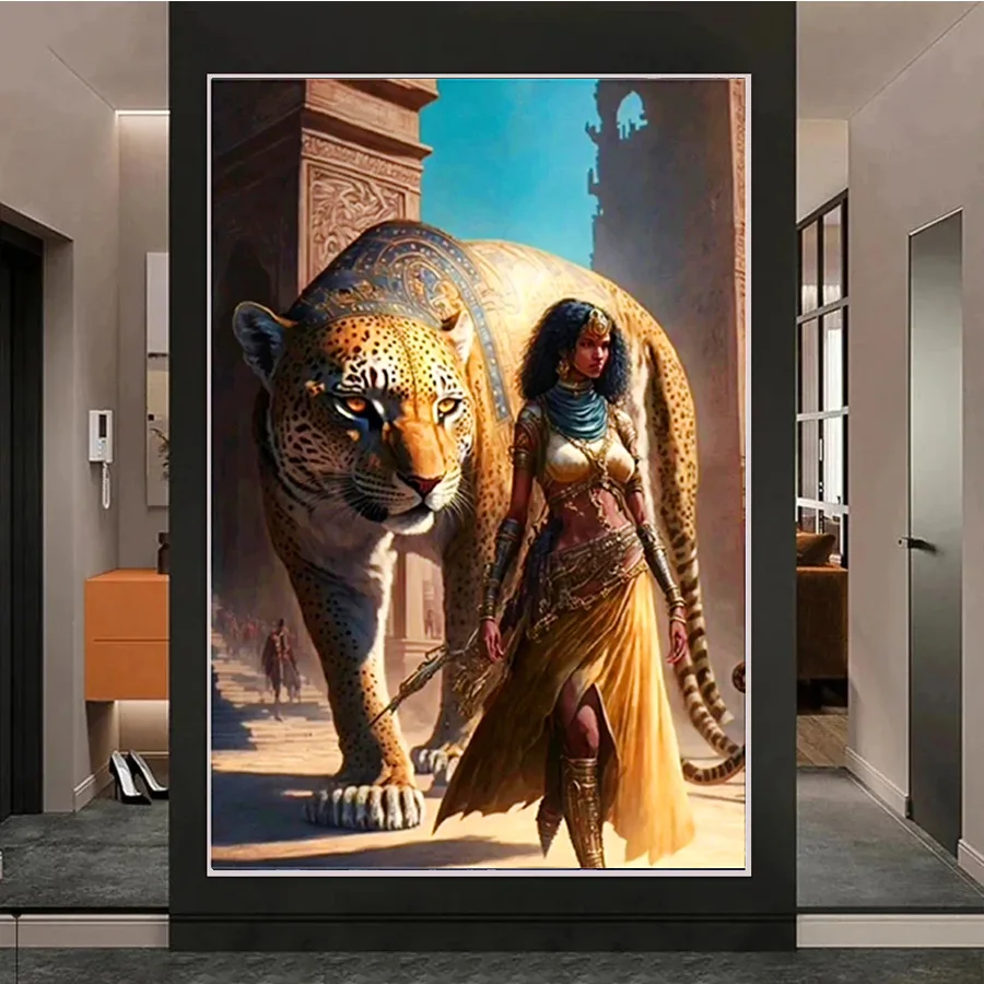 Ancient Egypt Queen DIY 5D Diamond Painting Pharaoh Full Square Drill Mosaic Embroidery Cleopatra and Leopard Kits Home Decor