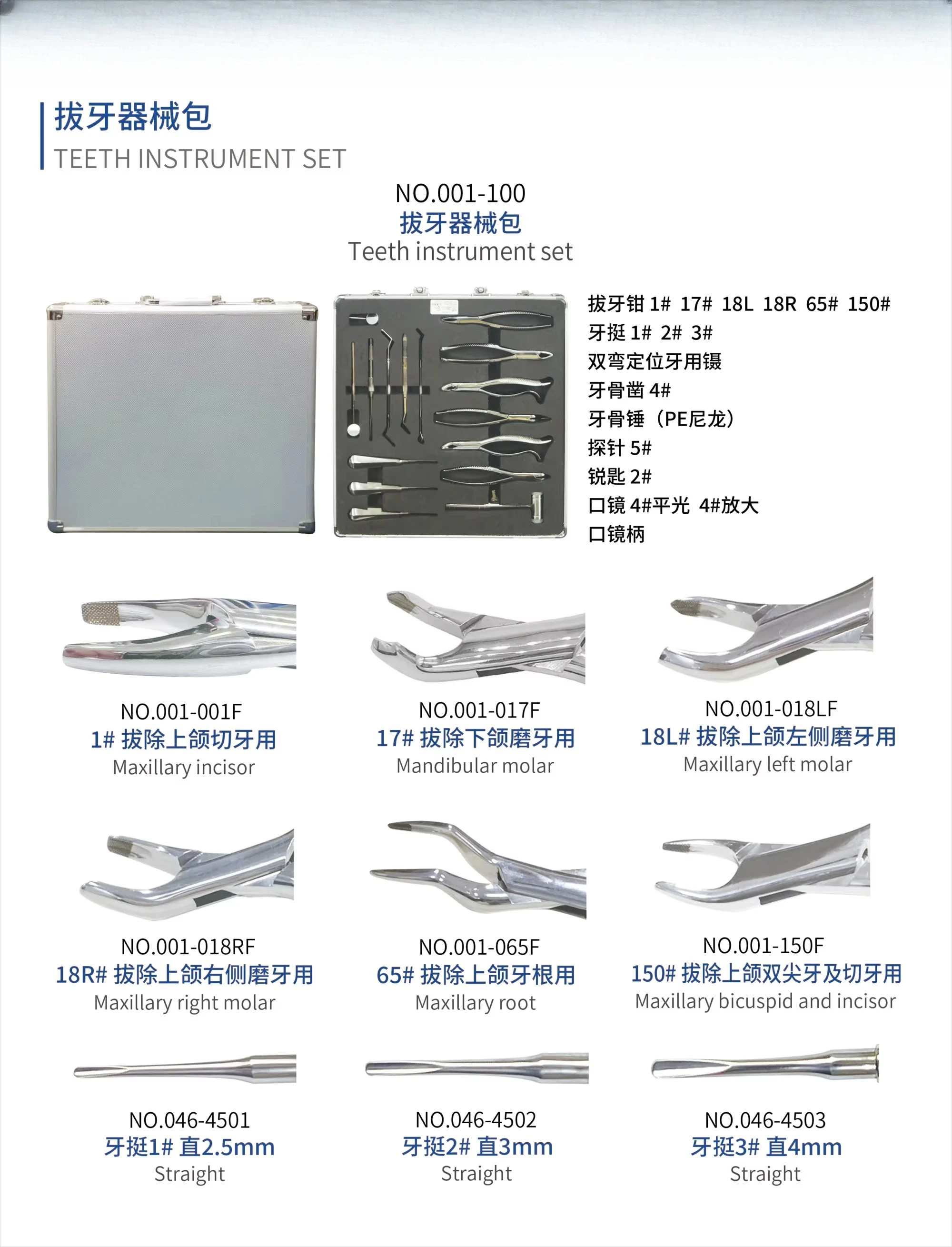 Dental Basic Instrument 17-item Teeth Instrument Set Tooth Extraction Forceps Kit 001-100
