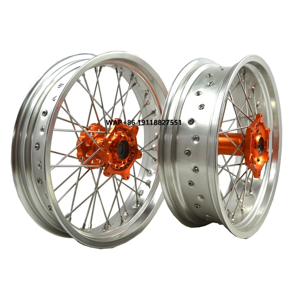 

CNC 17 Inch Silver Rim Orange Hub Super Motard Motorcycle Wheel Set for