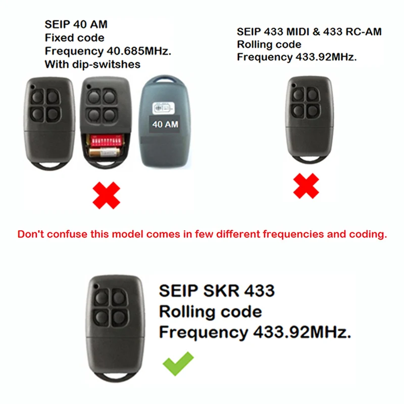 Compatible With SEIP SKRJ433 SKR433-1 SKR433-3 SKR433 Remote Control Garage Door Opener 4 Channels Key 433.92MHz Rolling Code