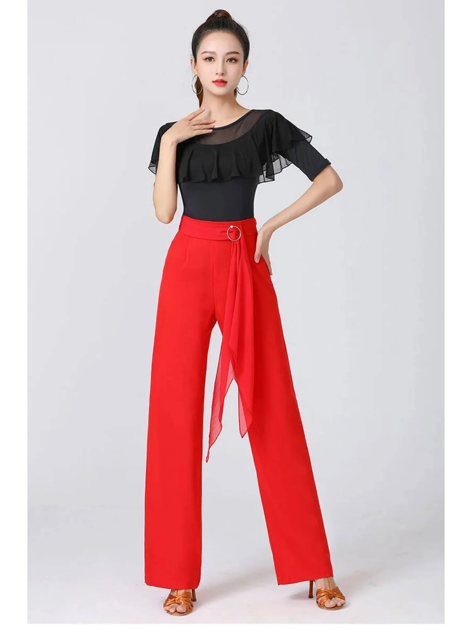 سروال رقص عالي الخصر وواسع الساق مع خصر ربطة عنق - بنطلون متدفق بلون سادة، بنطال جاز فاخر لأداء قاعة الرقص الحديث