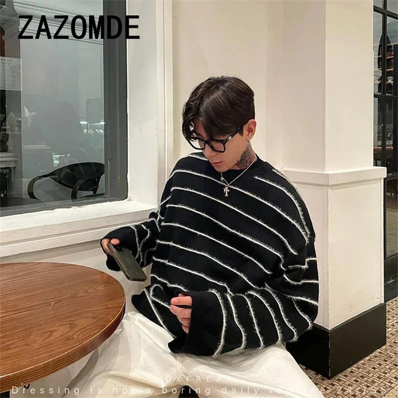 

ZAZOMDE зимний корейский свободный стильный полосатый вязаный топ, повседневный трикотаж с круглым вырезом, свитер, модная одежда свободного покроя для мужчин и женщин