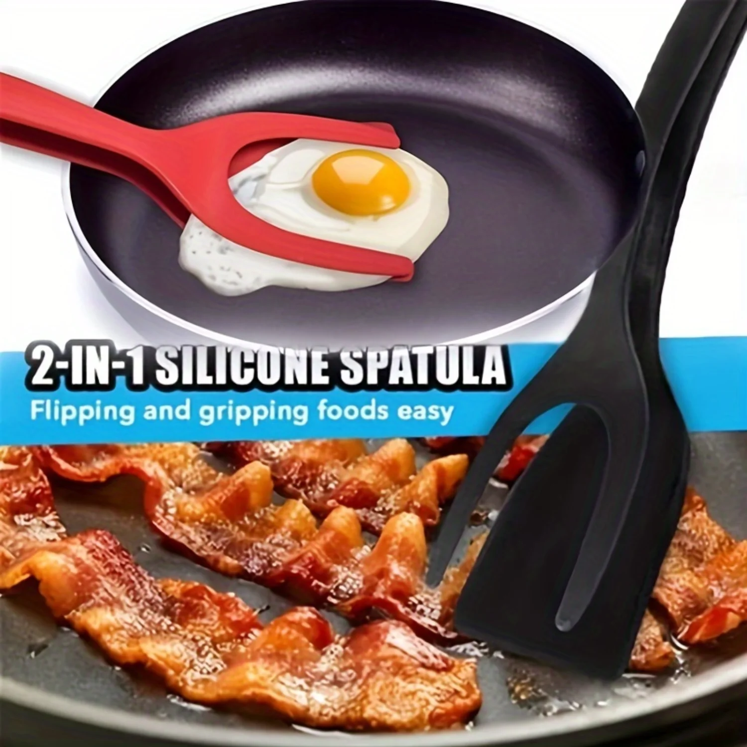 2pcs, Silicone Flip Spatula And Food Tongs, Egg Flipper, Toast Turner, 2 In 1 Steak Spatula And Pan Flipper Tongs, Kitchen Stuff