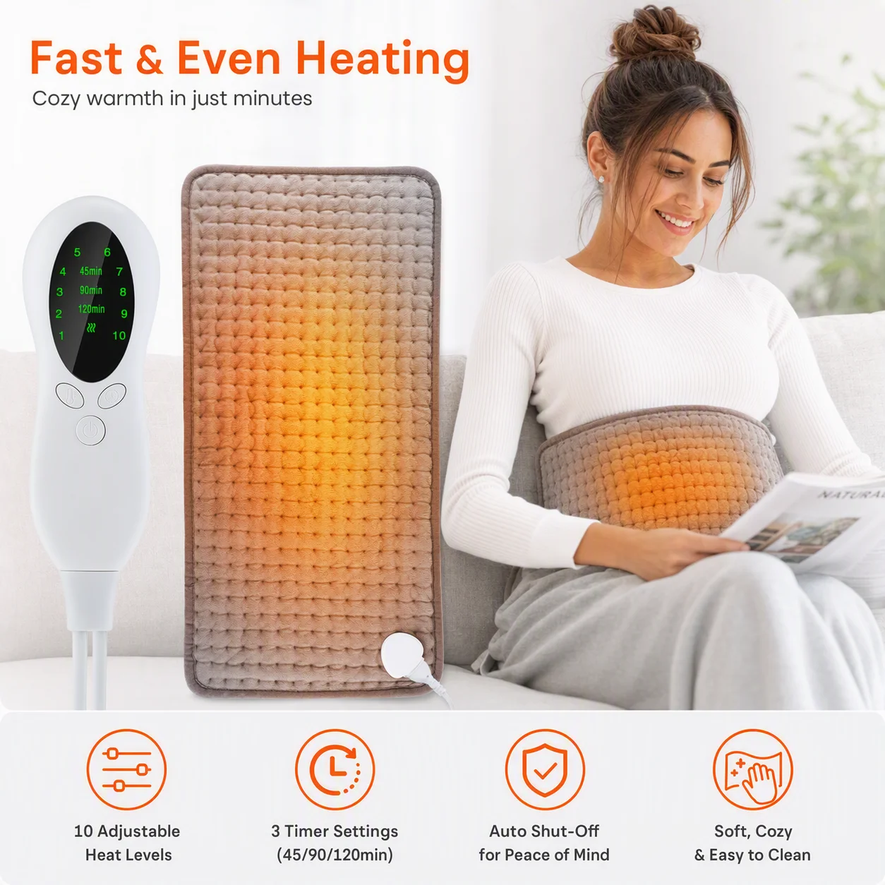 Heating Pad Machine Washable, Electric Heated Blanket 10 Levels 3 Timer Soft for Back Waist Abdomen Legs Office Home Winter Grey