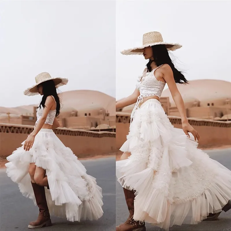 62-84cm 허리 여름 스커트 여성 로맨틱 럭셔리 연꽃 잎 가장자리 메쉬 버블 스커트 짧은 전면 긴 후면 불규칙한 케이크 스커트