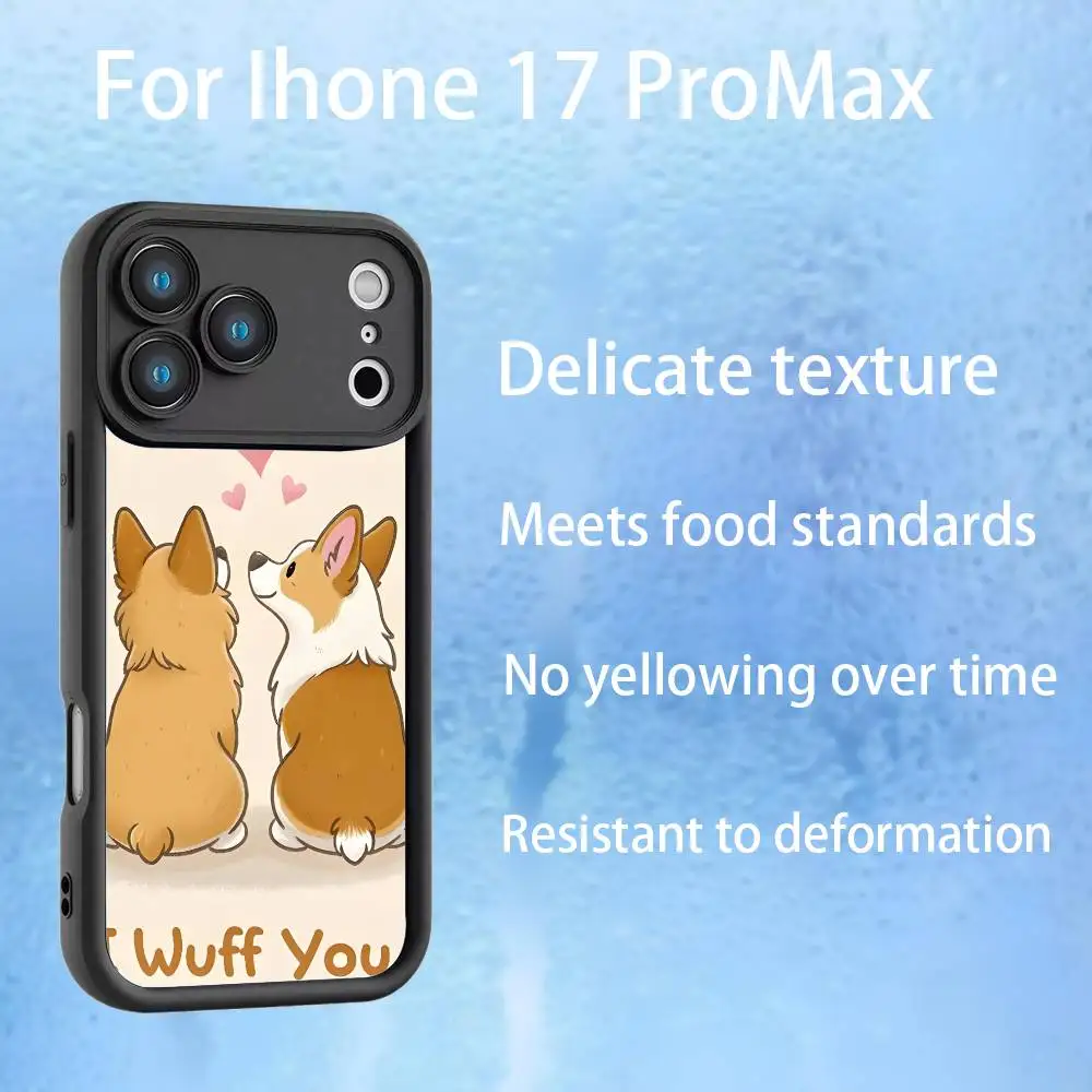 Cartoon Corgi schattig telefoonhoesje voor iPhone 17,16,15,14,13,12,Pro,Max,Plus,E,SE4,Air, amaril zwart volledige dekking TPU