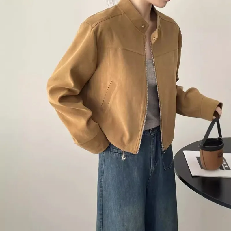 

2025 American Retro Stand Collar Small Fragrance Short Jacket Women's Casual Handsome BF Wind Jacket Biker Jacket Top