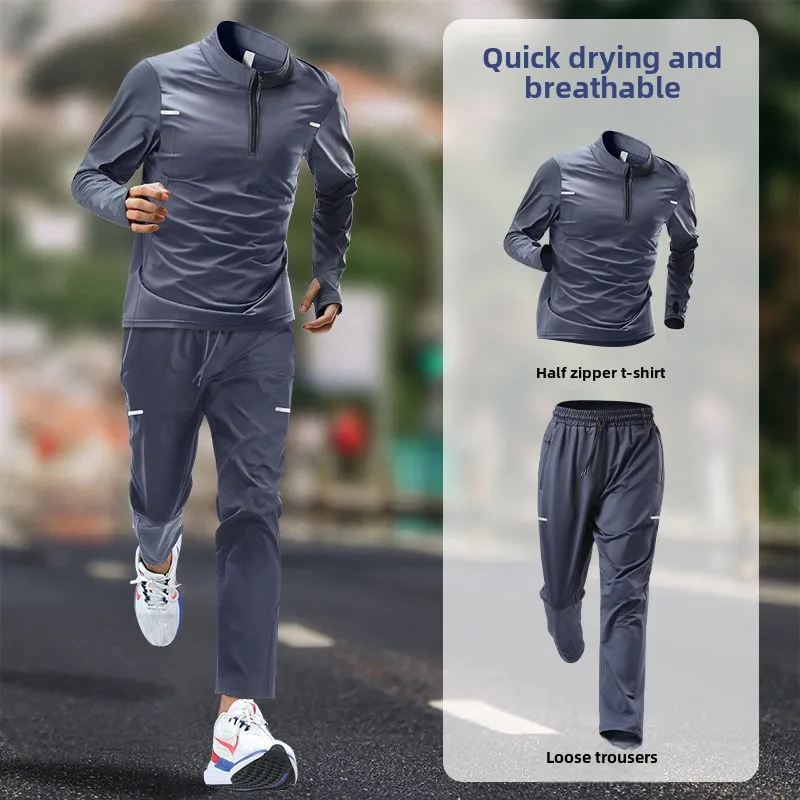 Men\'s Autumn Running Quick-Dry Long Sleeve Tracksuit Set | Fitness Outdoor Morning Jogging Sportswear with Training Pants