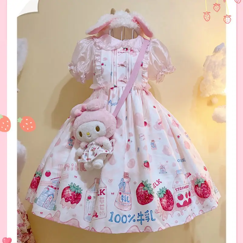 Vestido de Lolita de Leche de fresa, ropa de princesa japonesa, dulce, Kawaii, diario, manga corta, fiesta de té, suave, hermana