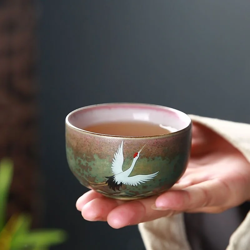 Handmade Rough Ceramic Tea Cup Vintage Kiln Change Crane Tea Cup Master Cup Kung Fu Tea Set