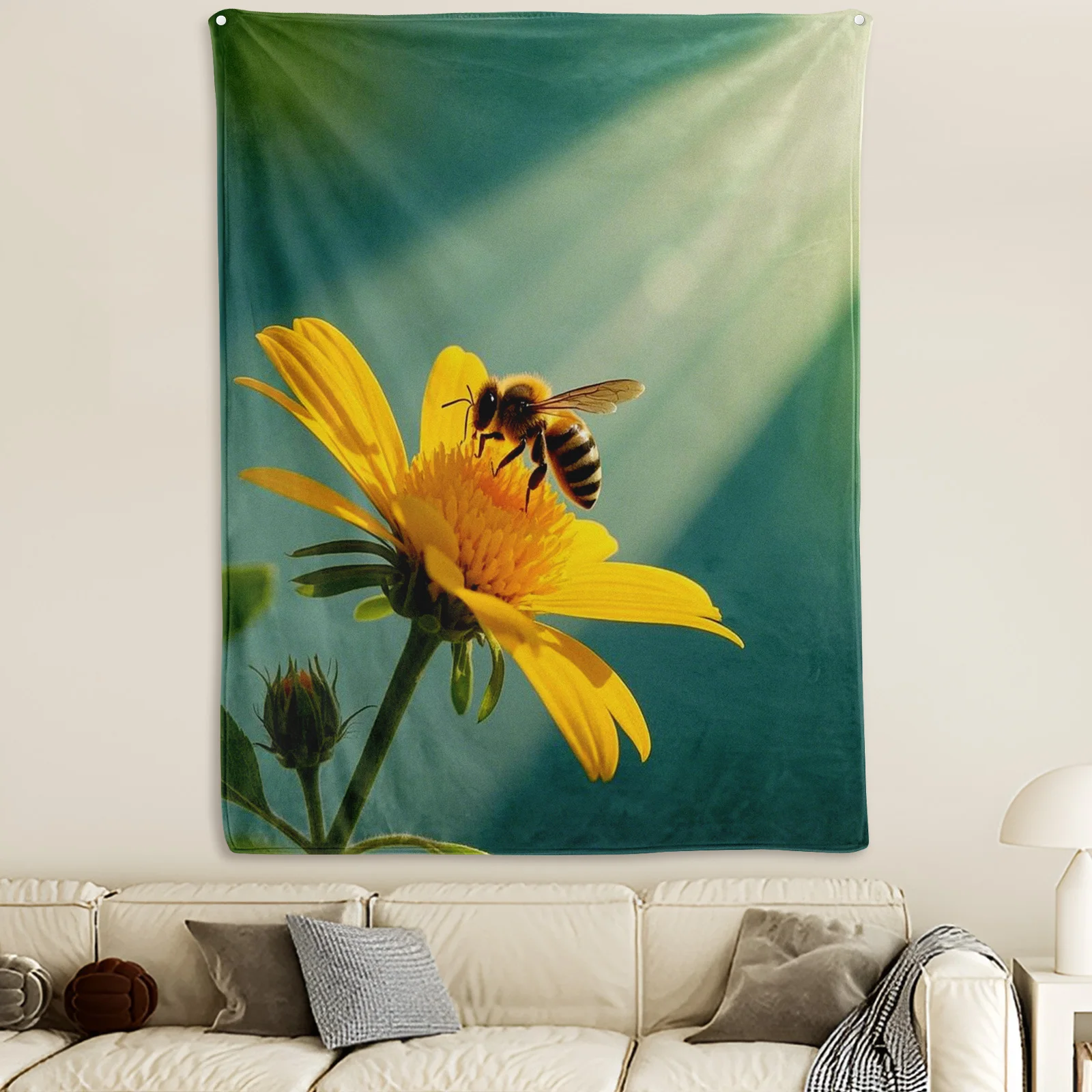 

Vibrant Tapestry Featuring A Beam Of Light Illuminating Flowers And A Busy Bee For A Lively And Nature-Inspired Home Decor