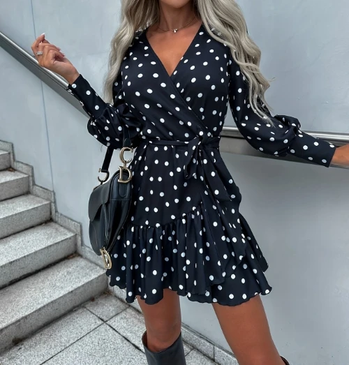 

Sweet Women's Dresses 2023 Autumn Clothes Fashion Long Sleeve Printed V-Neck Hem Irregular Dress Casual Ladies Vestido