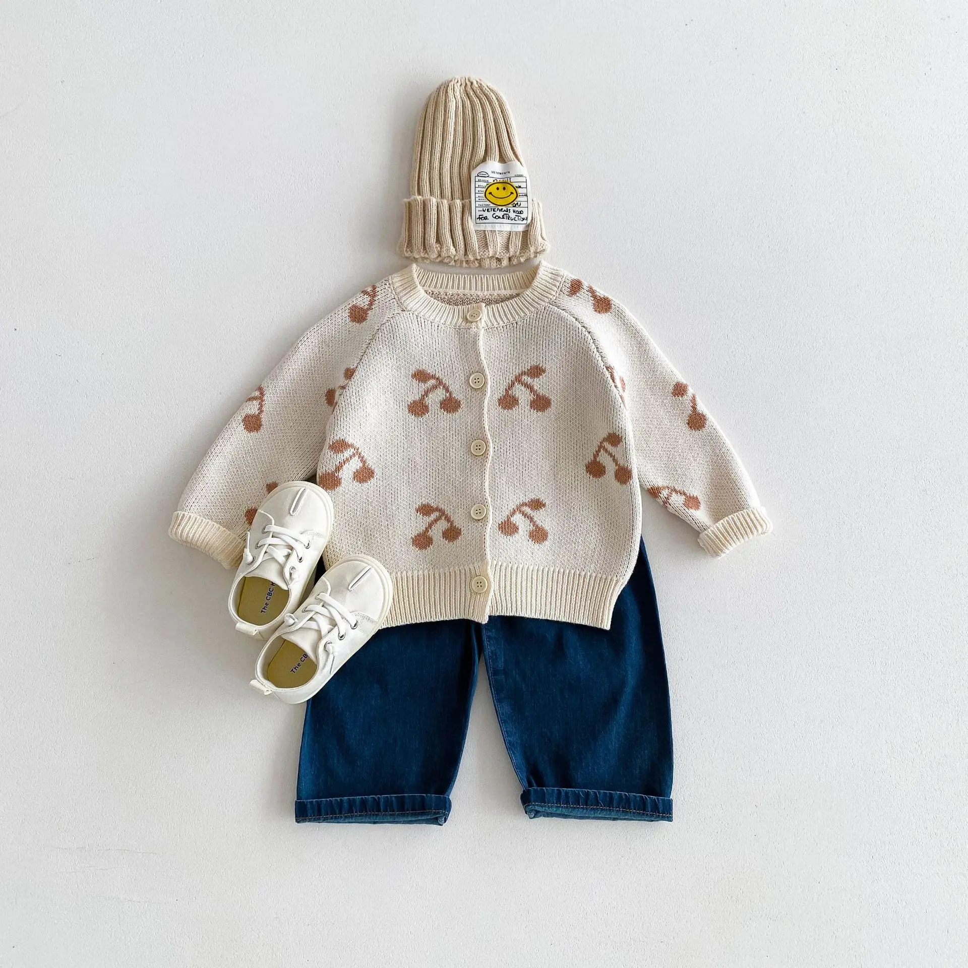 2024 Autumn New Children Knitted Cardigan Baby Girls Cherry Print Sweater Coat Toddler Casual Knitwear Kids Versatile Jacket