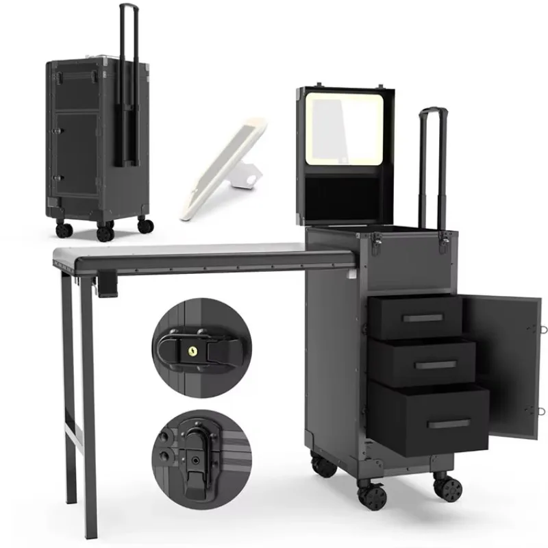 Portable Foldable Nail Art Table with LED Mirror Bluetooth Lockable Drawers Black Metal Manicure Station for Beauty Salons