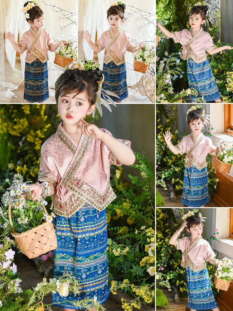 

Girls' Tai Ethnic Dance Skirt Performance Costume Water Splaing Festival Clothing Xiuangbanna Ethnic Traditional Dr