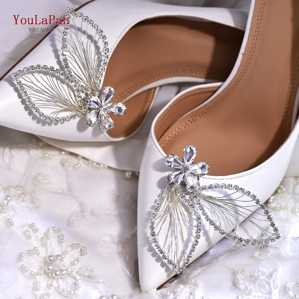 YouLaPan 2PC Rhinestone Flower Shoe Buckle For Bride Handmade Butterfly Shoe Clips Accessories To Decorate Womens Shoes HX52