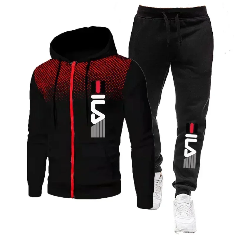 Two Piece Jogger Suits Mens Autumn Winter Long Sleeve Zipper Print Hoody Coat and Long Sweatpants Male Outdoors Sport Tracksuits