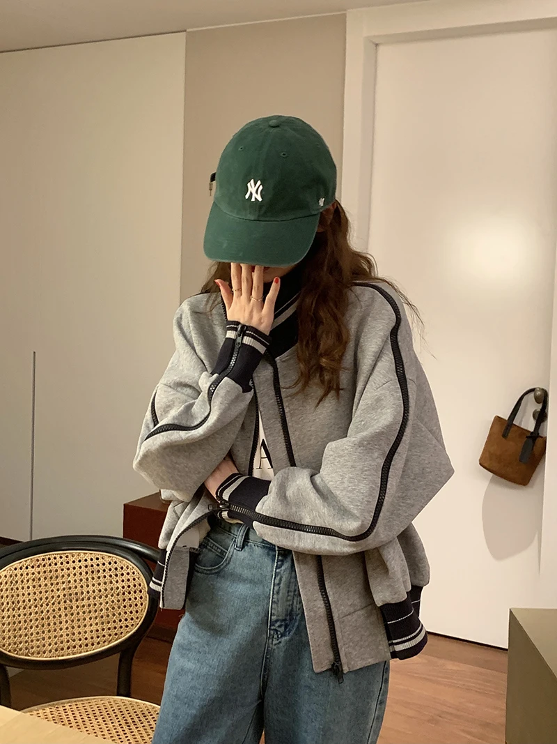 Korean style Contrasting stand-up collar loose splicing baseball jacket women's thickened cardigan sweater jacket women