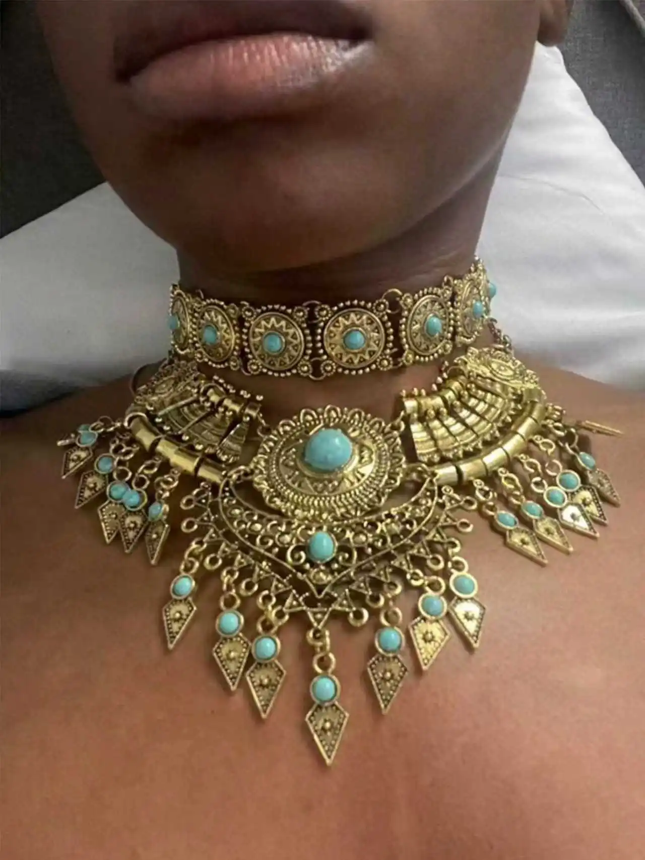 Layered Bohemian Statement Necklace Women's Fashion Retro Teardrop Tassel Collar Jewelry for Casual Matching & Party Styling