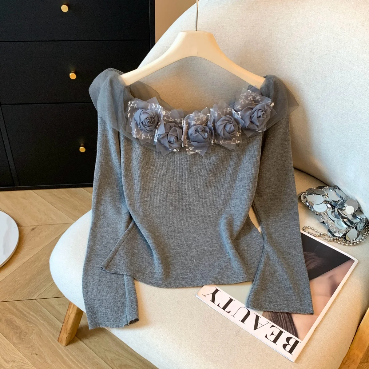 

Women's Gray Square Neck Top with 3D Floral Appliqué Sheer Mesh Elegant Blouse Designe Style Luxury Fashion