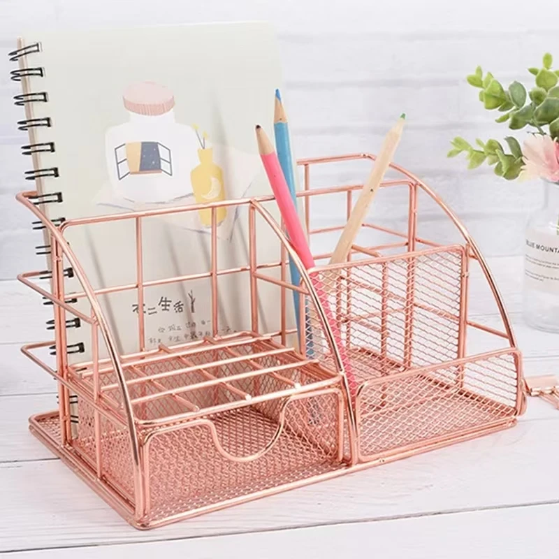 Fashion Iron Mesh Desk Organizer Pencil Pen Holder Caddy with Drawer for Desk Accessories Home Office School Supplies Rose Gold