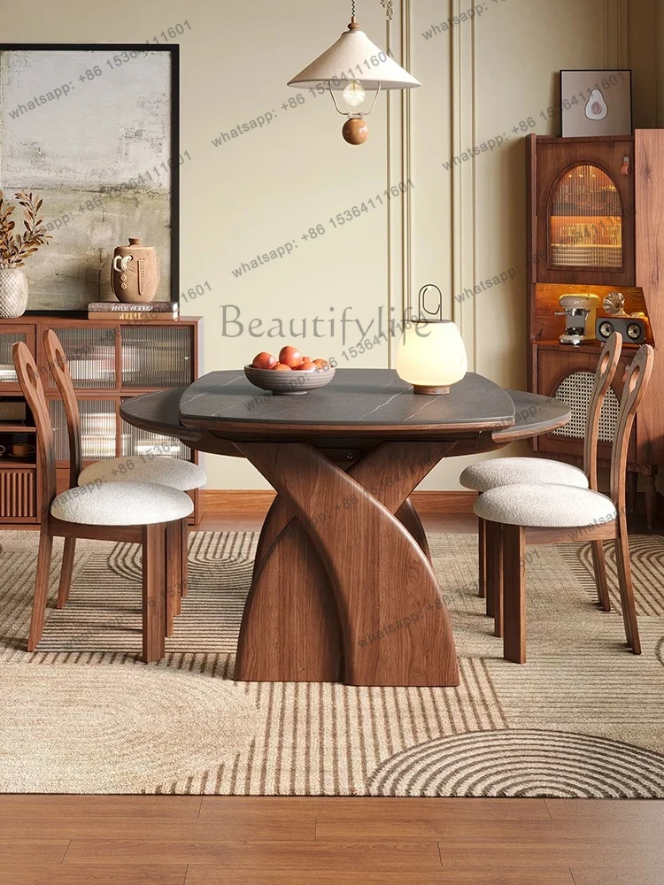 Solid Wood Folding Dining Table and Chairs Convertible Round Table Extendable Home Use Small Apartment Rock Board