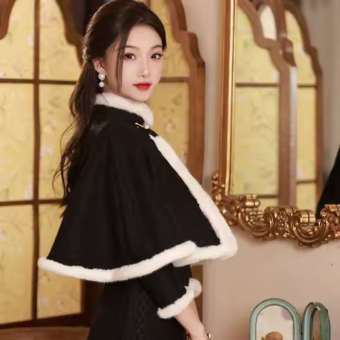 Yourqipao Black Velvet Shawl Chinese Traditional Cheongsam 2025 Winter Thicken Qipao Evening Dress For Women