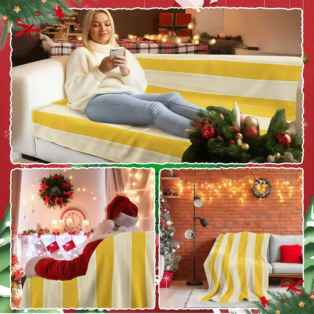 Lemon Cream Stripes Winter Summer Flannel Blanket Throw Fleece Soft Fuzzy Plush Cozy Fleece Blankets for Sofa Ideal Gifts