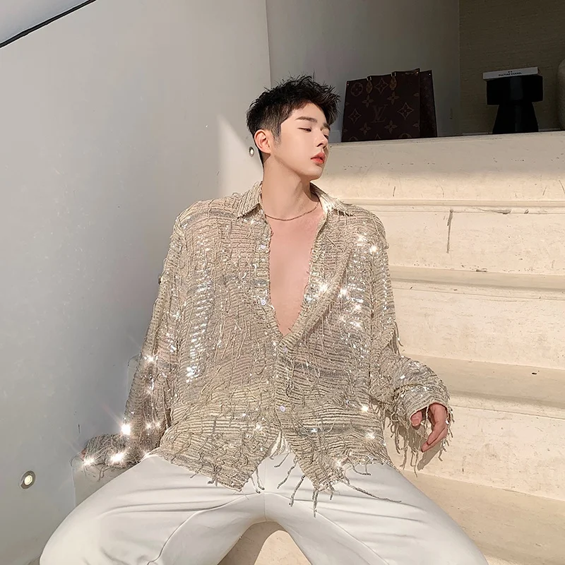 

Loose Long Sleeve Men's Shirt Summer Glitter Tassel Trendy Nightclub Stage Wear Casual Handsome Korean Style Youth Fashion