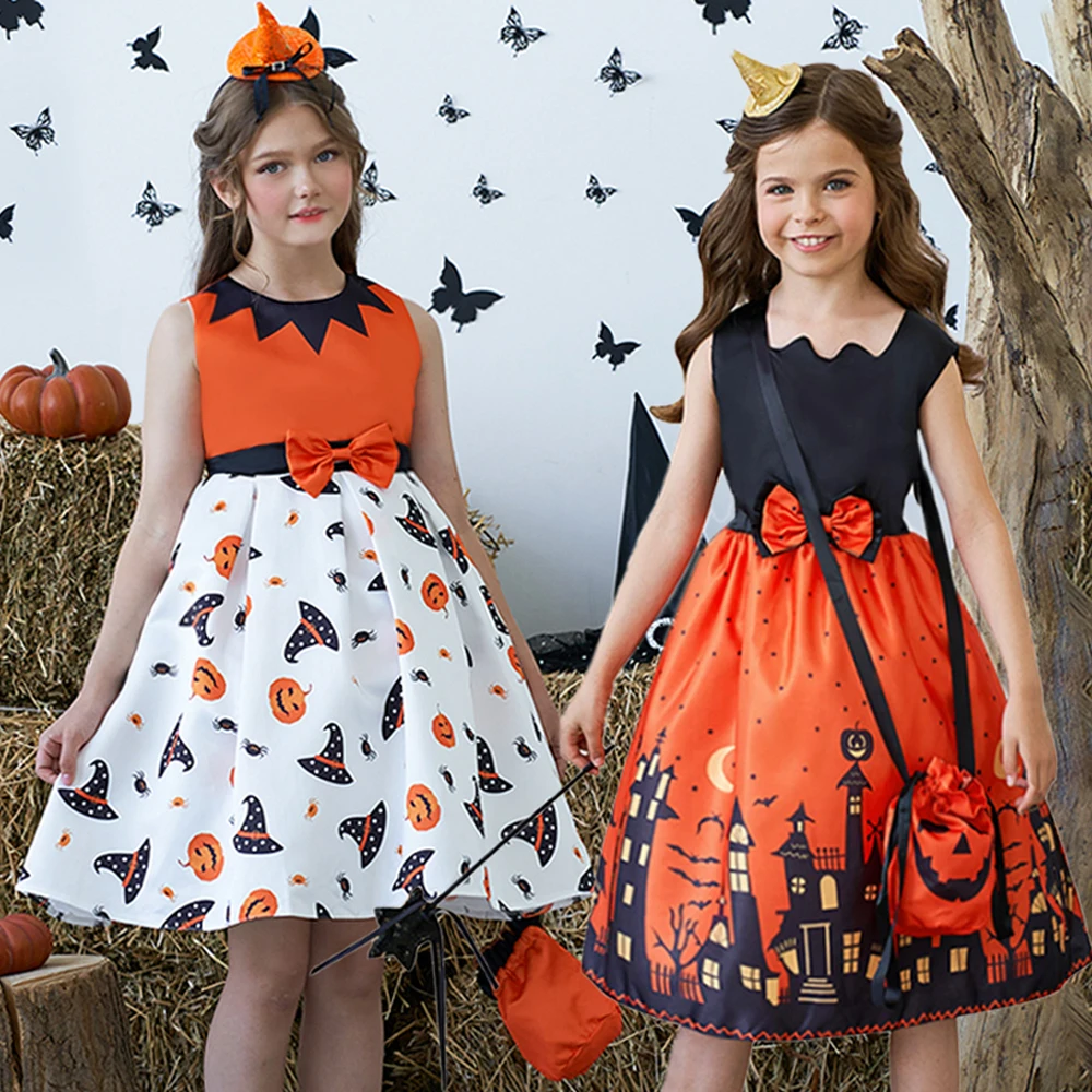 

Halloween Carnival Party Girls Dress with Bag Witch Vampire Pumpkin Clothing Ghost Kids Dresses for Girl Orange Cosplay Costumes