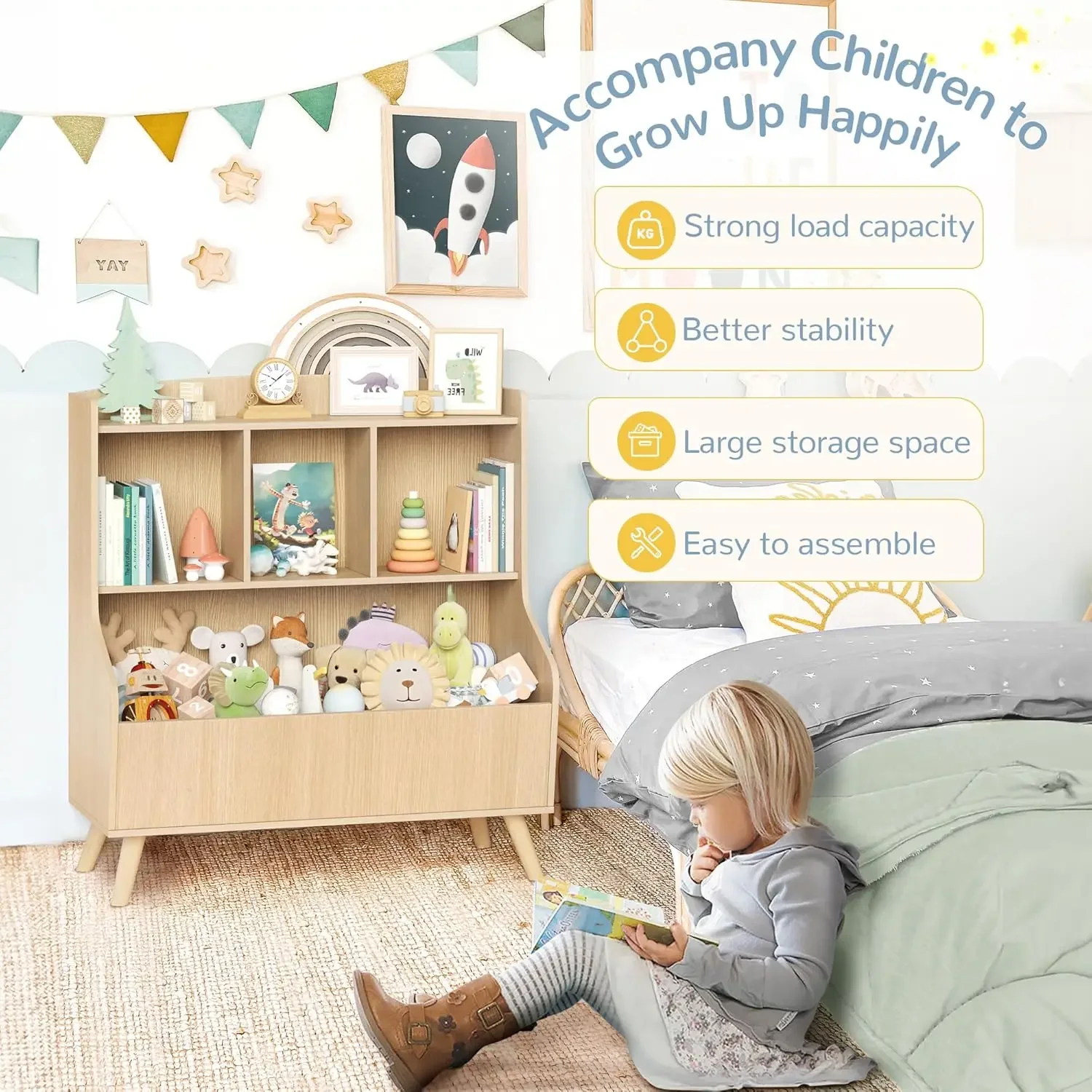 Étagère et rangement de jouets, bibliothèque en bois à 3 niveaux, livre pour bébé et présentoir de stockage de jouets évalué avec étagère supérieure spacieuse pour enfant