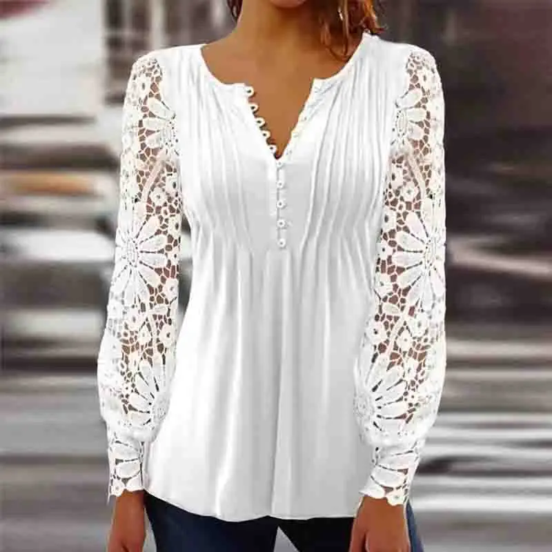 New Fashion V Neck Floral Women\'s Shirts with Lace Long Sleeve White Women Blouse Elegant Woman Tops Office Lady Clothes