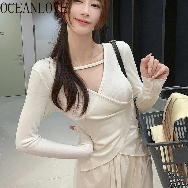 

OCEANLOVE Woman T Shirt Solid V Neck Korean Fashion Basics Ropa De Mujer Spring Autumn Sweet Irregular Simple Camisetas
