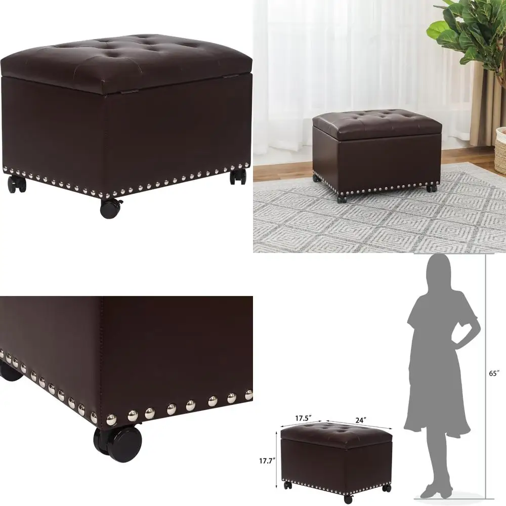 

Прямоугольный кожаный пуфик с роликовыми колесами, 24-дюймовая подставка для ног для гостиной и спальни