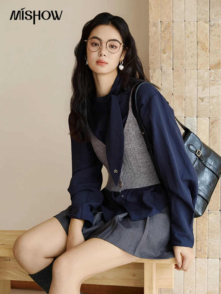MISHOW Frau Hemd Set 2025, Herbst Mode Neue Marineblau Band Design Layered Hemd Stricken Leibchen Zwei-stück Anzug MXE47T1412
