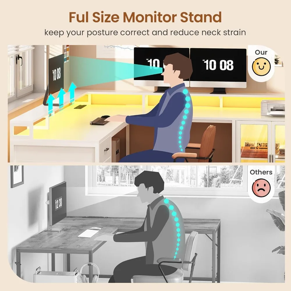 L-shaped gaming desk with 4 drawers, 109 inch computer desk with display cabinet, home office desk with 2 monitor stands