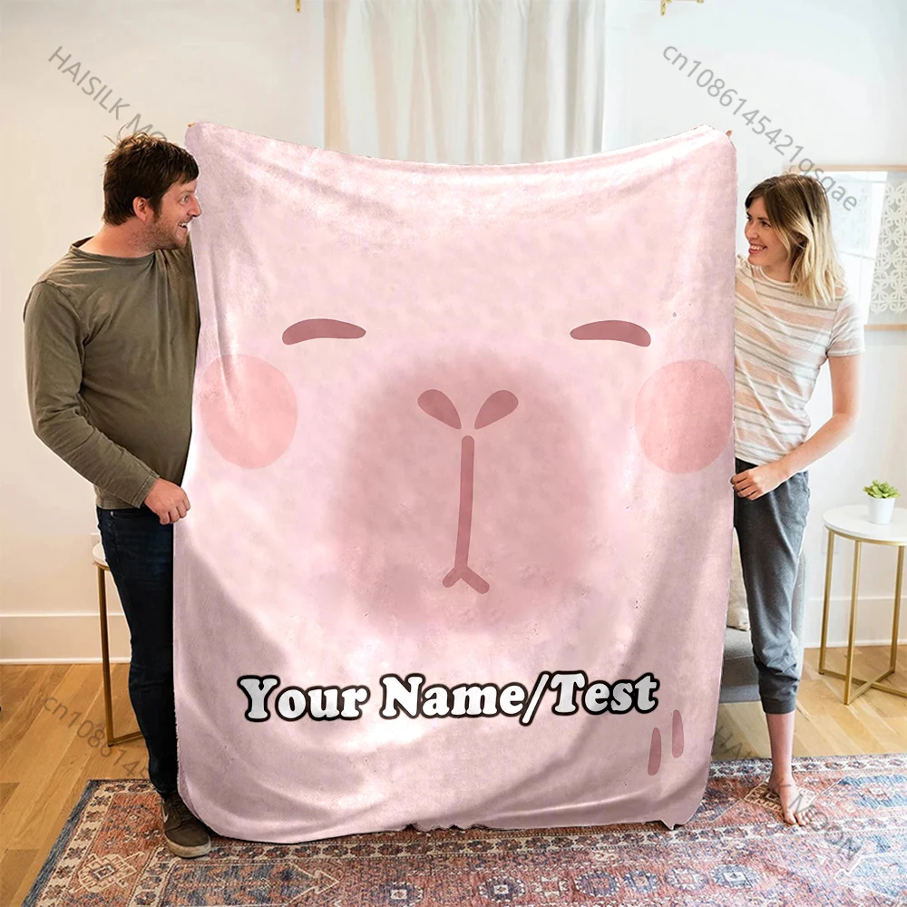 Personalized Name Custom Blanket Capybara Print Flannel Soft Comfort Blanket for Home Sofa Travel Picnic RV Cartoon Blankets