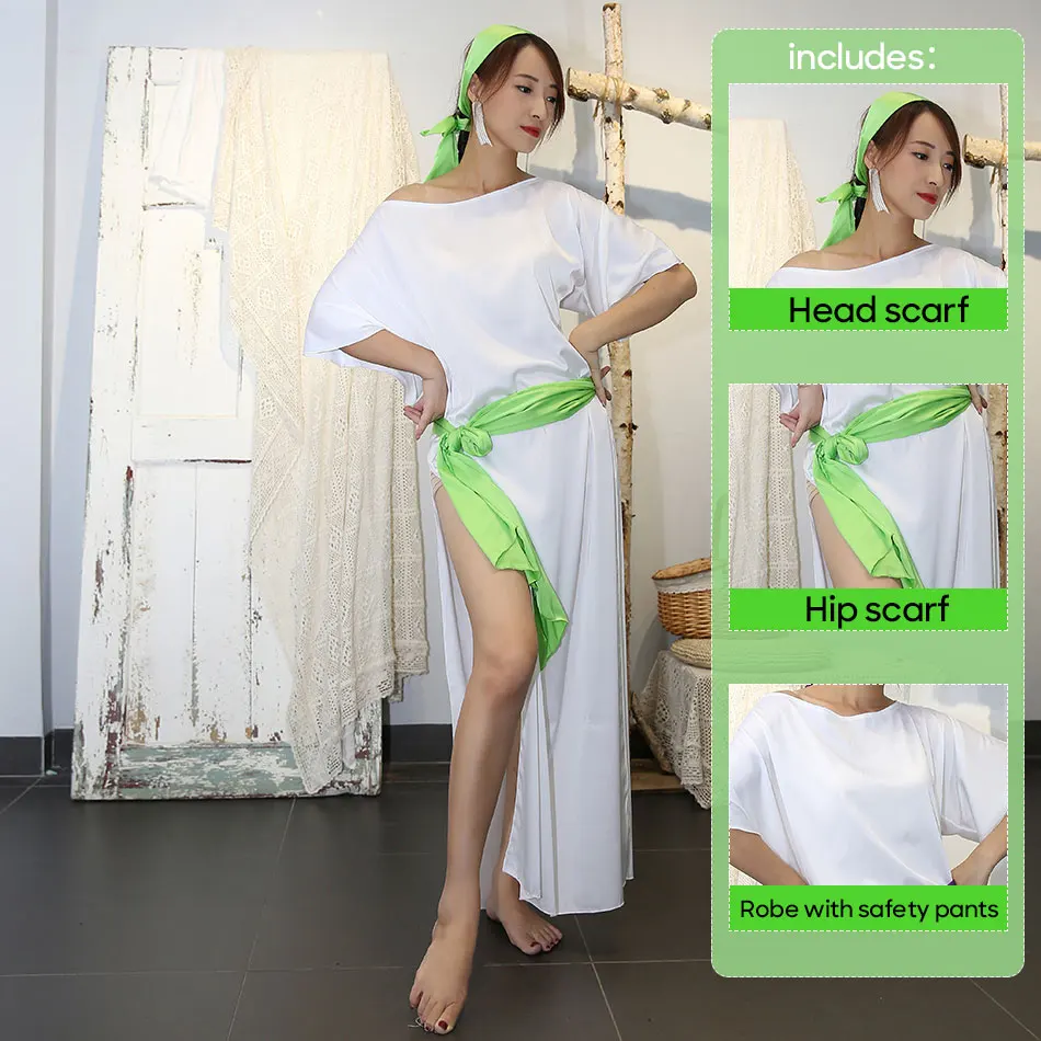 Belly Dance Robe With Safety Pants Hip and Head Scarf Outfit Loose and Fitted White Dance Costuem Set Practice Training Clothes