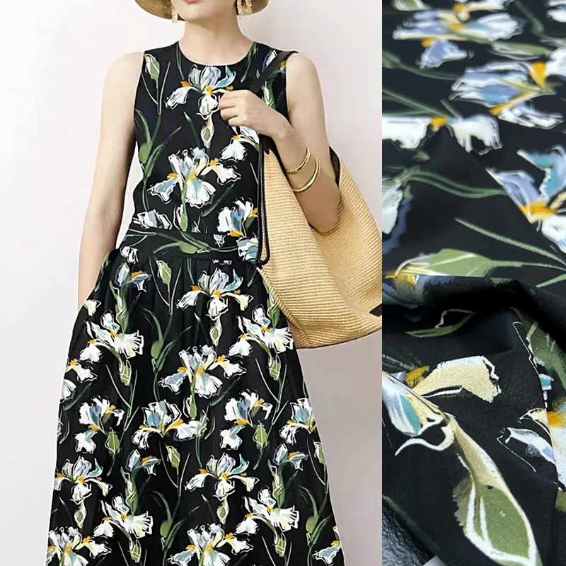 White Floral Print on Black Stretch Silk Crepe de Chine Fabric for Cheongsam Dress Shirt - 140CM Wide 18MM Thin Silk Fabric R345