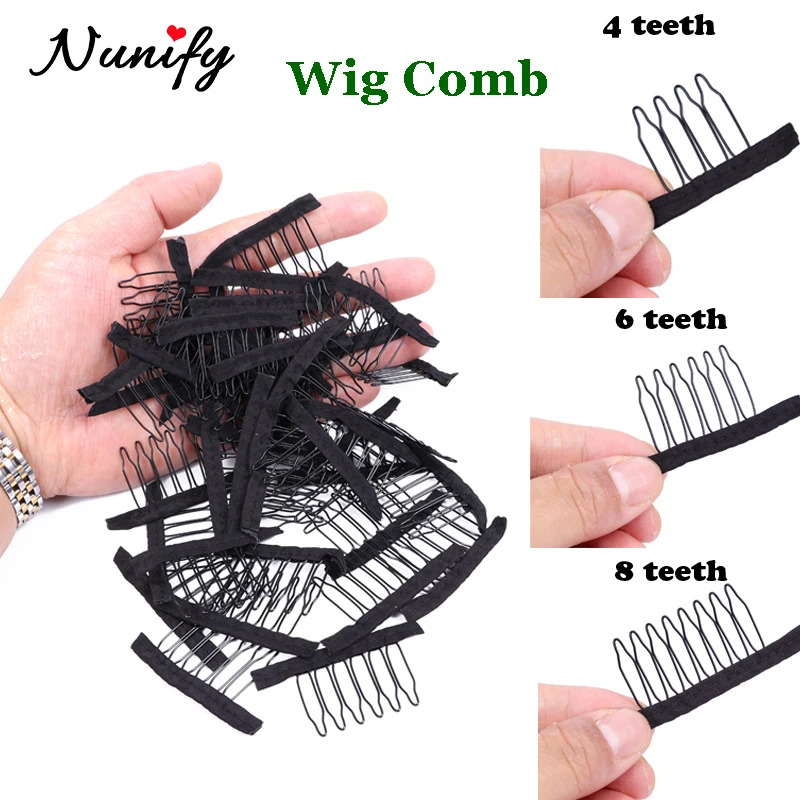 10Pcs Wig Comb Clips 4/6/8 Teeth Hair Extension Clips Stainless Steel Wig Clip Combs Snap Clips With Rubber For Wig Making Brown