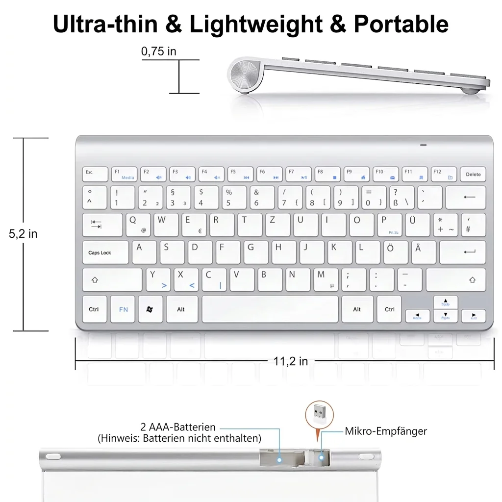 German QWERTZ Wireless Keyboard 2.4G Ultra Slim Deutsche Multimedia Keyboard Low Noise for Laptop Desktop Windows Smart TV