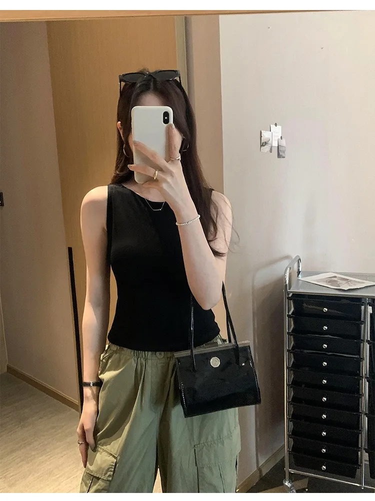 슬림핏 라운드 네스벨 베스트 티셔츠 여성 여름 섹시 캐주얼 슬림 퓨어 컬러 베이스 레이어 탑 PPHOME